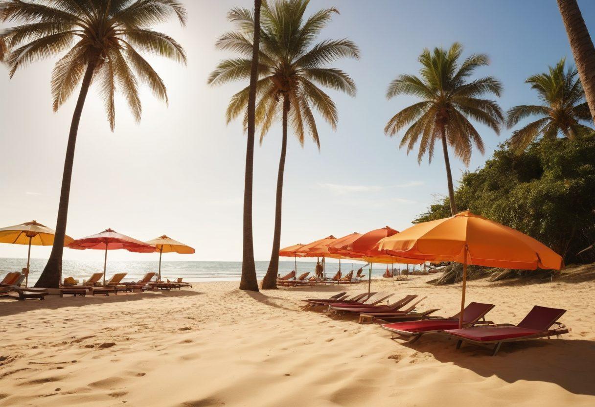 A vibrant beach scene showcasing a diverse group of people wearing an array of beach fashion essentials, from affordable flip-flops to premium designer swimsuits. The backdrop features a sunny paradise with palm trees, surfboards, and colorful umbrellas. Include stylish accessories like hats and sunglasses, emphasizing different styles and price ranges. Capture the essence of summer and fashion in a lively atmosphere. super-realistic. vibrant colors. sunny background.
